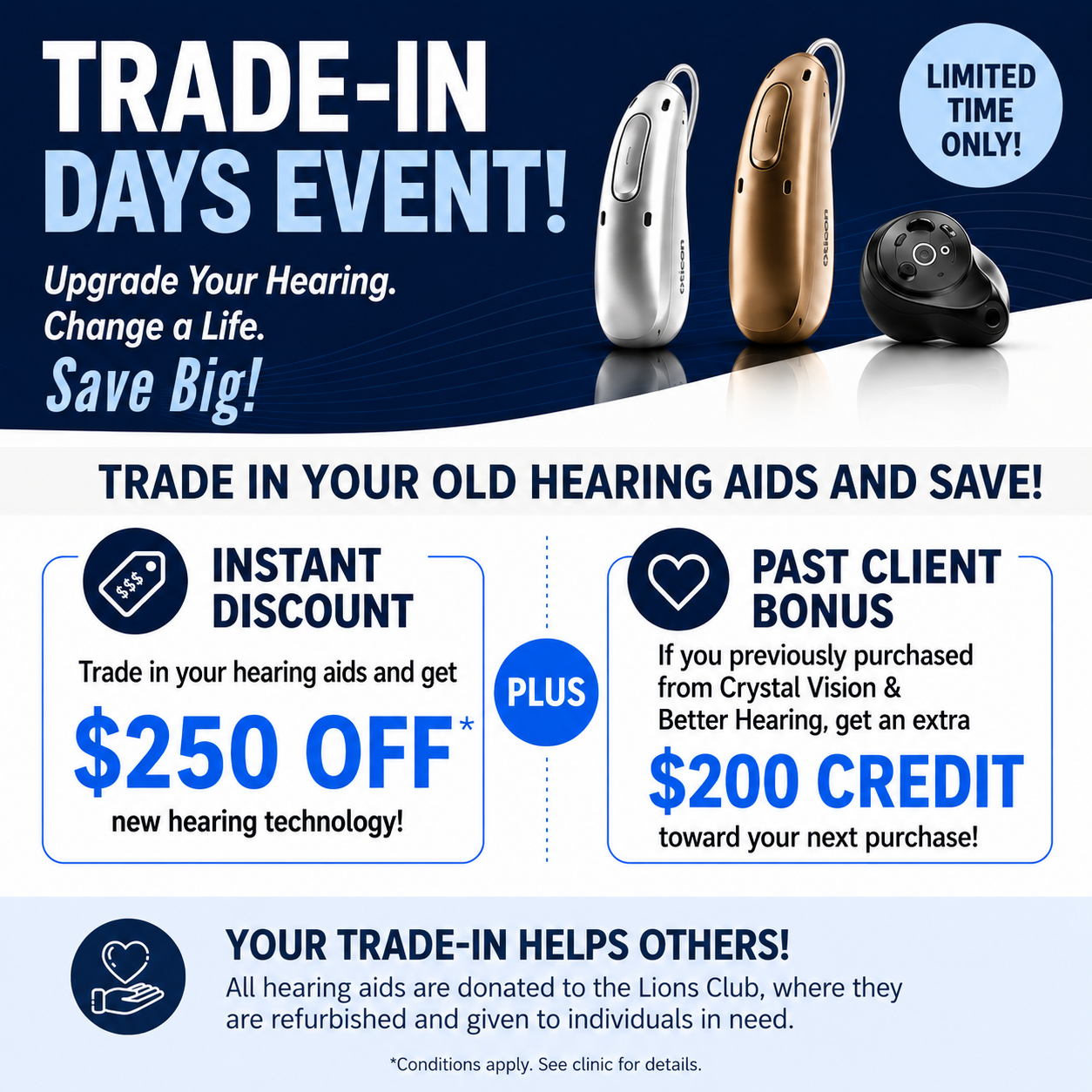 Trade-In Days Event promotion showing old hearing aids being exchanged for newer models, with text offering savings on new technology and noting that trade-ins help others hear the world.